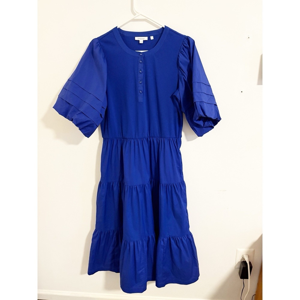 Chico's Blue Tiered Puff Sleeve Dress EUC Size 1 US Medium‎